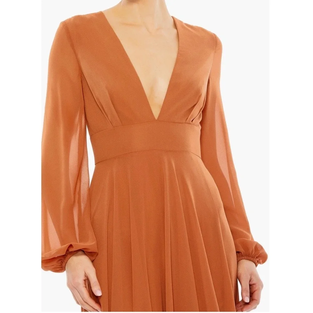 Ieena for Mac Duggal New Long Sleeve Chiffon Gown Terra Cotta Size 6 MSRP‎ $398
